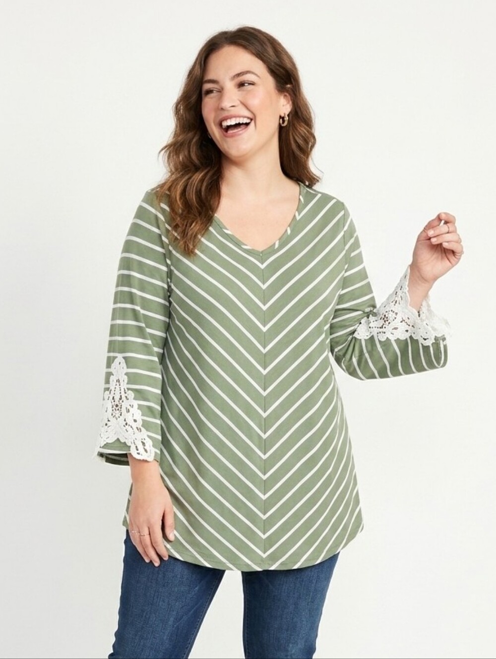 Stem & Vine Plus Size Olive & White Striped V-Neck Women's Top